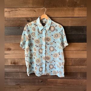 Vintage Notations Floral Button Up Blouse Y2K Aqua Retro Top Large